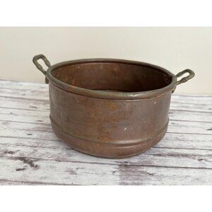Vintage Turkish Copper Pot Pan Brass Handles Hammered Handmade Bowl 9" Wide